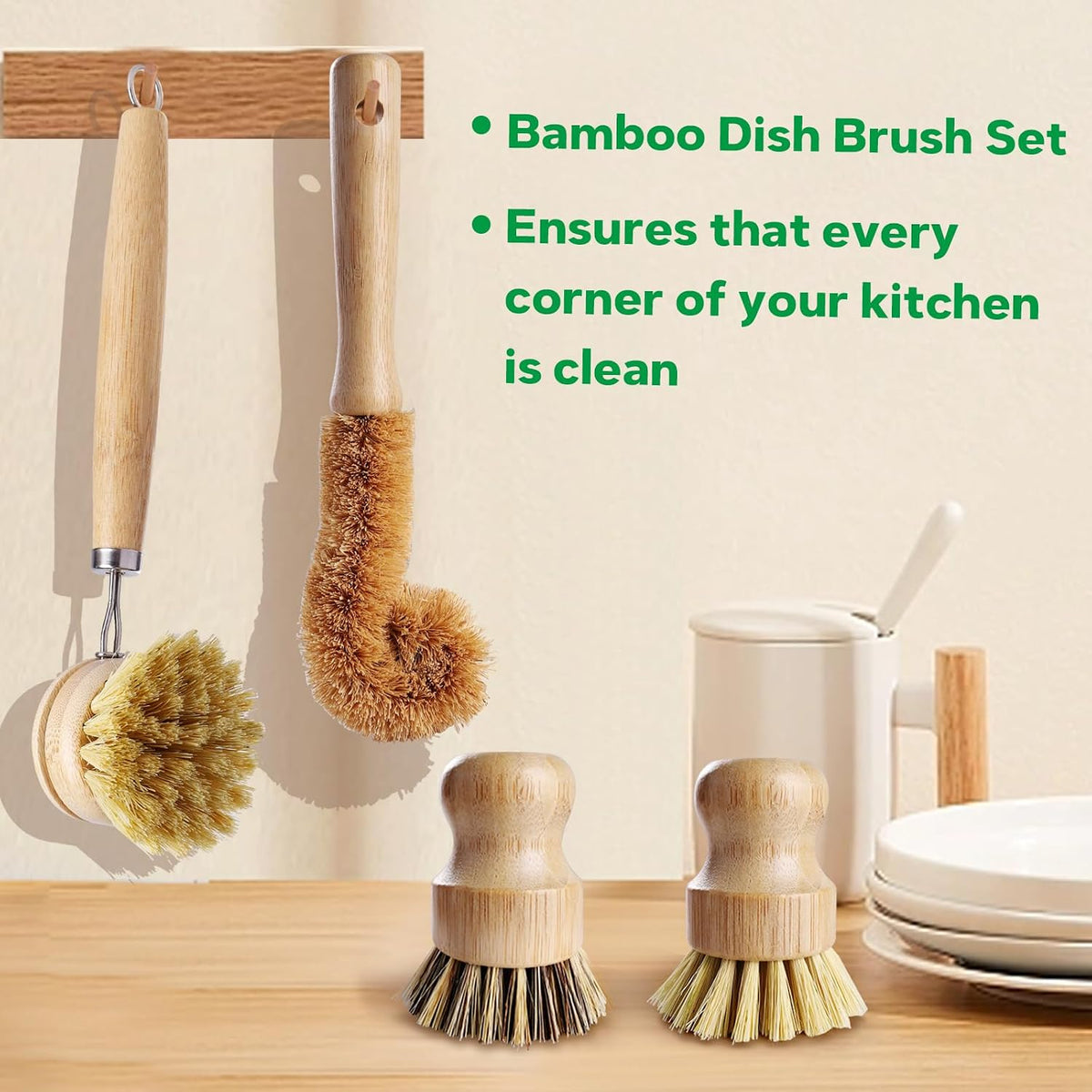 Bamboo Dish Brush Set - 5 Packs Natural Wooden Kitchen Brush, 4 Dish Scrubbers with One Replacement Head, Cleaning for Pots, Bottles and Vegetables
