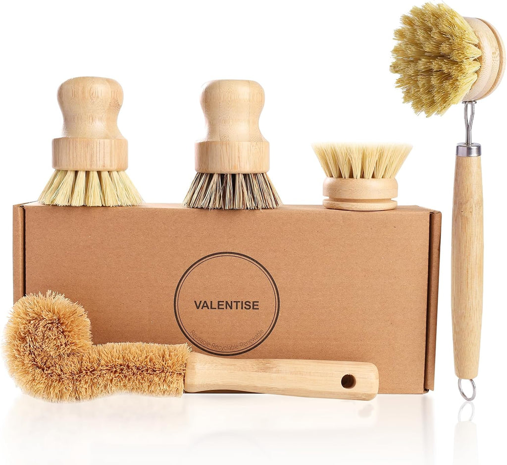 Bamboo Dish Brush Set - 5 Packs Natural Wooden Kitchen Brush, 4 Dish Scrubbers with One Replacement Head, Cleaning for Pots, Bottles and Vegetables