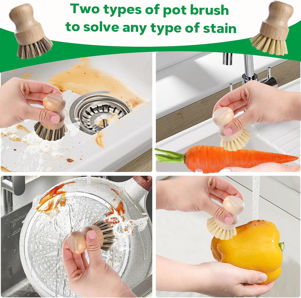 Bamboo Dish Brush Set - 5 Packs Natural Wooden Kitchen Brush, 4 Dish Scrubbers with One Replacement Head, Cleaning for Pots, Bottles and Vegetables